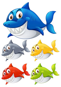 Set of different color shark smiling cartoon character on white background