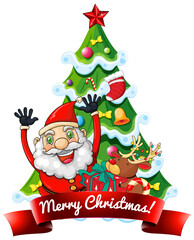 Merry Christmas font banner with Santa Claus and Reindeer on white background