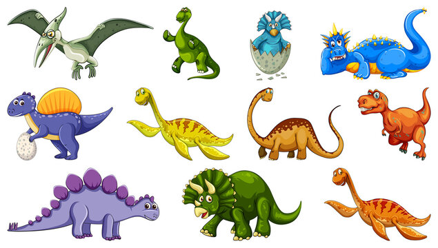 Set of different dinosaur cartoon character isolated on white background