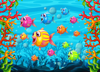 Naklejka na ściany i meble Many exotic fishes cartoon character in the underwater background