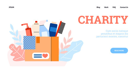 Vector design web for charity and donation. Cardboard box full cleaning and hygiene products to help poor and homeless people. Volunteering, social assistance, support for needy
