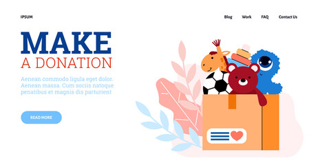 Website banner layout for charity foundation with donation box symbol full of children toys, flat vector illustration. Help and support of poor families and orphans.