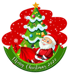 Merry Christmas 2020 font banner with Santa Claus cartoon character