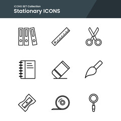 icon set of office stationary ruler, correction pen, eraser  and many more. with line style vector. suitable use for web app and pattern design.