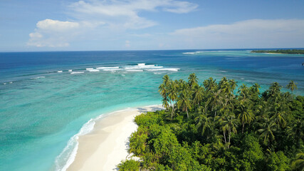 Aerial Seascape Tropical Island with Palm Trees & Sandy Beach & World-Class Waves