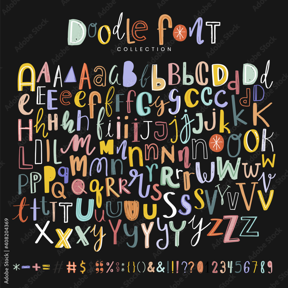 Poster Alphabets, punctuations and numbers doodle typography vector set