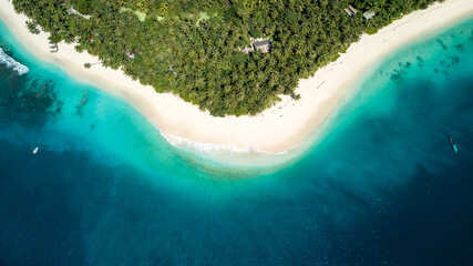 Aerial Drone Island Ocean Meets Sandy Beach Tropical Seascape Birds Eye View