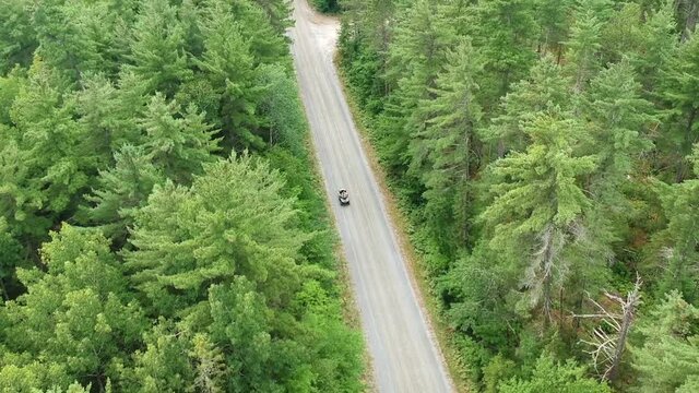 Downwards tracking drone shot of someone driving an ATV or four wheeler on a dirt road in the middle of the forest in Canada.