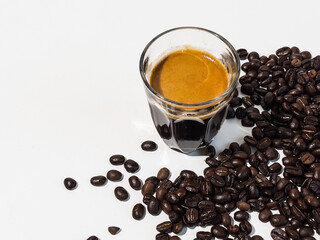 Coffee beans and coffee espresso white background 
