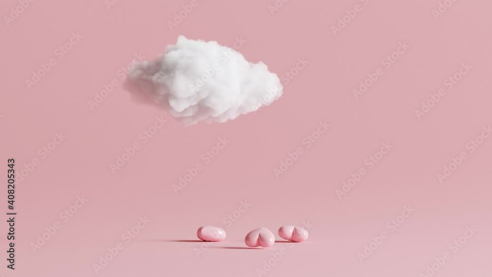 Poster 3D Animation Cloud heart rain on pastel pink background. Creative idea. Minimal concept.