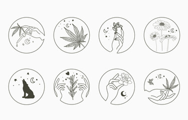 Line object collection with hand, cannabis,fox,sunflower,moon