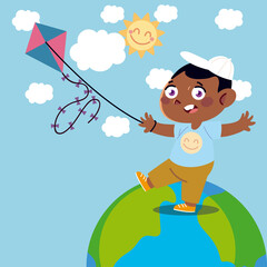 Obraz na płótnie Canvas boy playing with kite on world cartoon, children