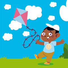 little boy playing with kite in the yard cartoon, children