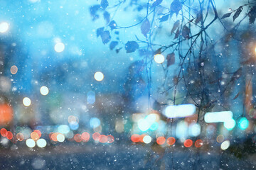 abstract snow blurred background city lights, winter holiday new year