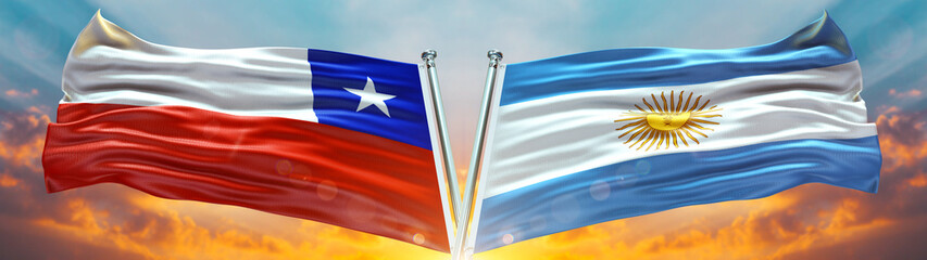 Argentina Flag and Chile flag waving with texture sky Cloud and sunset Double flag