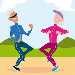 seniors active, funny old couple practicing exercises in the park