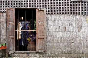 Street market in Mae Kampong province Chiang Mai. Traditional Handmade clothes for sale to the tourists as souvenir.
