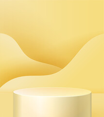pedestal on a yellow background. Trend podium 3d on the background of waves cut out of paper, with paper plants: a branch with leaves.