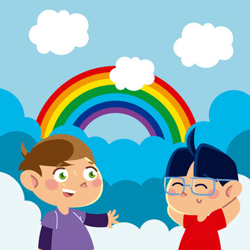 little boys character rainbow clouds sky cartoon, children