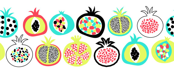 Pomegranate summer fruit seamless vector border. Repeating pattern doodle pomegranates. Use for fabric trim, kitchen decor, packaging, footer, duct tape, wall decals, banners