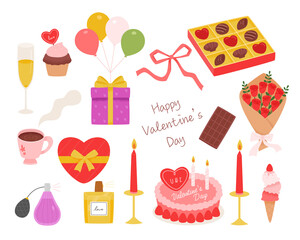 Things prepared for Valentine's Day. Romantic food and gifts. flat design style minimal vector illustration.