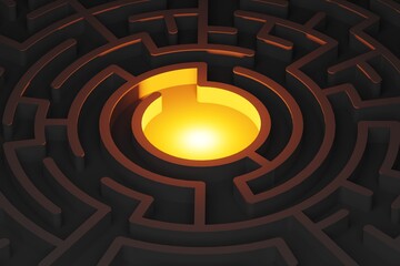 Glowing center in large maze or labyrinth over dark background, success, strategy or solution concept