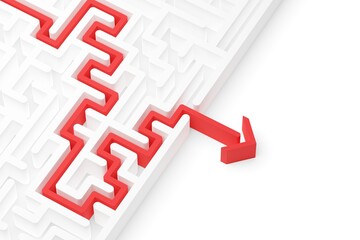 Red path thru white maze or labyrinth over white background, success, strategy or solution concept