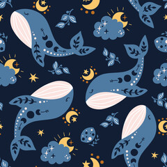 Celestial boho kids seamless pattern with blue whale, celestial sky digital paper, animals, cloud, moon and stars nursery background for textile, scrapbooking, wrapping paper, wallpaper