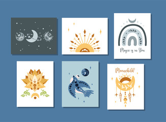 Celestial nursery boho posters bundle with animals, flowers, rainbow, bird, moon and sun, printable art for kids room, pre-made poster template 16-20 inches, cute magic baby vector illustration