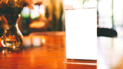 cafe menu. Menu frame standing on wood table in Bar restaurant cafe. space for text marketing promotion