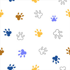 seamless pattern of colored and linear dog tracks on a white background. Cute pattern with dog tracks. Vector illustration for veterinary stores and products for the care of animals
