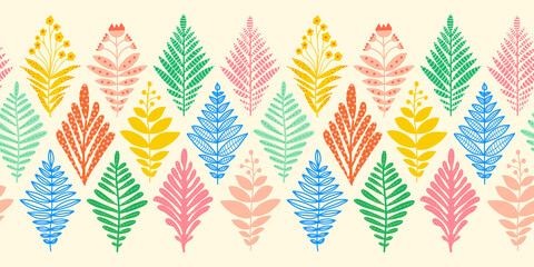 Floral seamless vector border. Repeating pattern abstract plants leaves flowers in geometric rhombus ikat shapes. Decorative modern decor for fabric trim, wallpaper decals, footer, cards, banners.