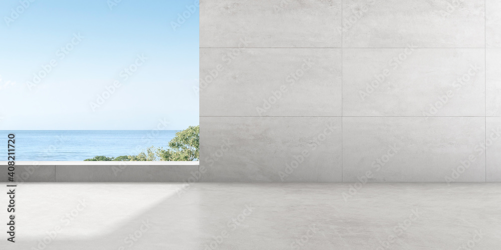 Fototapete 3d render of empty concrete room with large window on the sea background.