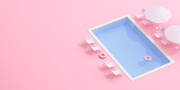 Top view of pool with beach chairs and umbrella, Summer concept, Minimal scene. 3D rendering.