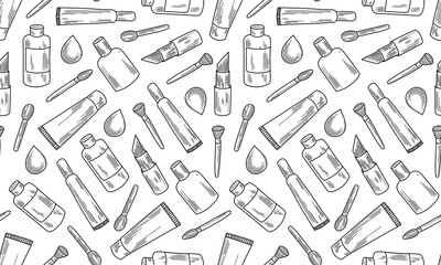 Fototapeta na wymiar Vector illustration of beauty accessories and skin care products. Face and body care concept. Outline or doodle drawing