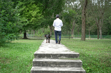 Adult man walking his pet dog in the park.
