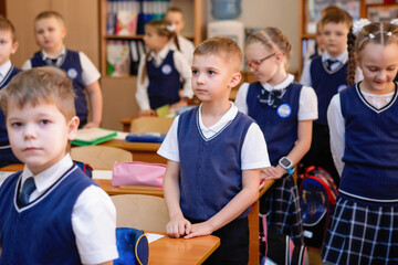 Pupils at desks in class on lesson