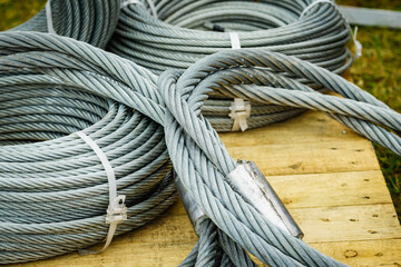 Clean new steel rope wire, coiled steel cable.