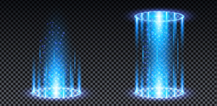 Blue hologram portal. Magic fantasy portal. Magic circle teleport podium with hologram effect. Vector blue glow rays with sparks on transparent background.
