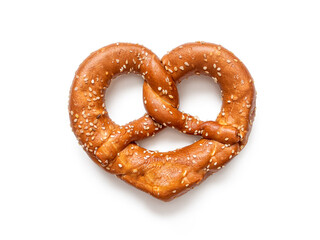 German pretzel sprinkled with sesame seeds, isolated on white - obrazy, fototapety, plakaty