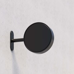 Black round sign hanging on concrete wall. Concept for logo and shop present. 3D illustration
