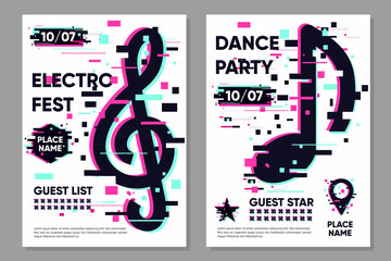 Posters set with music notes. Party background, vector musical signs . Glitch style trendy illustration. Dance festival banner template.