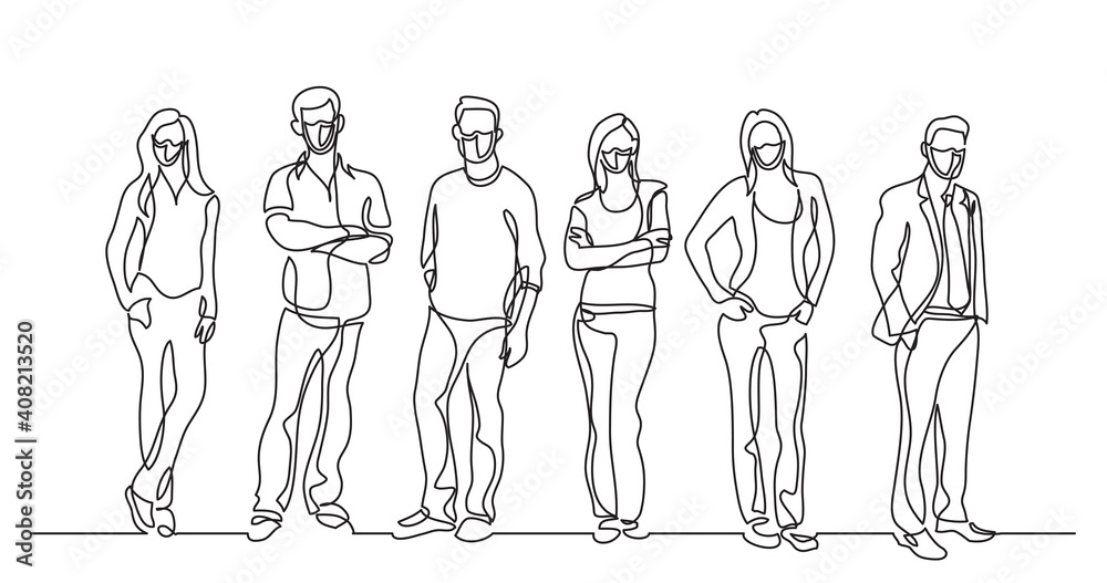 Wall mural continuous line drawing of diverse group of standing people wearing face masks