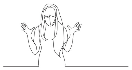 emotional upset woman wearing face mask - continuous line drawing