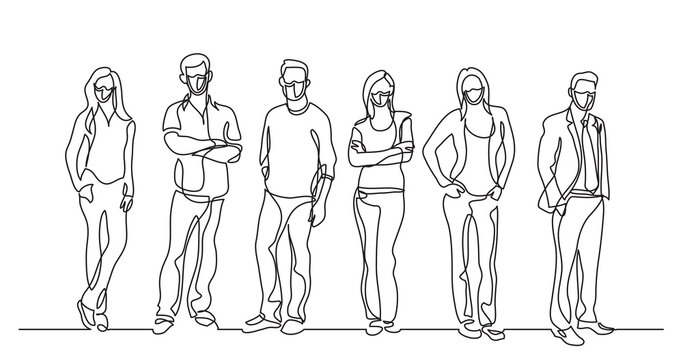 continuous line drawing of diverse group of standing people wearing face masks