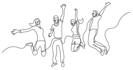 Fototapeta na wymiar continuous line drawing of four jumping happy team members wearing face masks