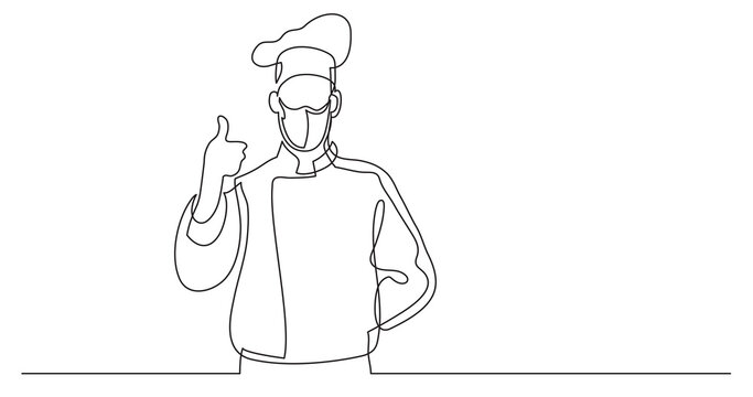 continuous line drawing of french chef showing thumb up wearing face mask
