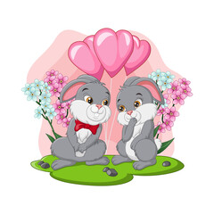 Cute cartoon rabbit couple with balloons