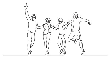 Fototapeta na wymiar continuous line drawing of group of four people jumping wearing face masks