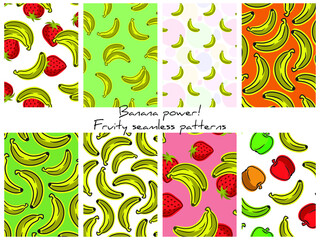 Set of vector fruity patterns; banana backgrounds for wrapping paper, fabric, packaging, textile. - 408214376